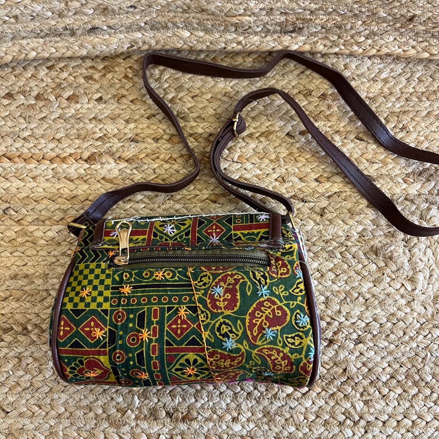 Green Handblock Printed Vegan Leather Sling Bag