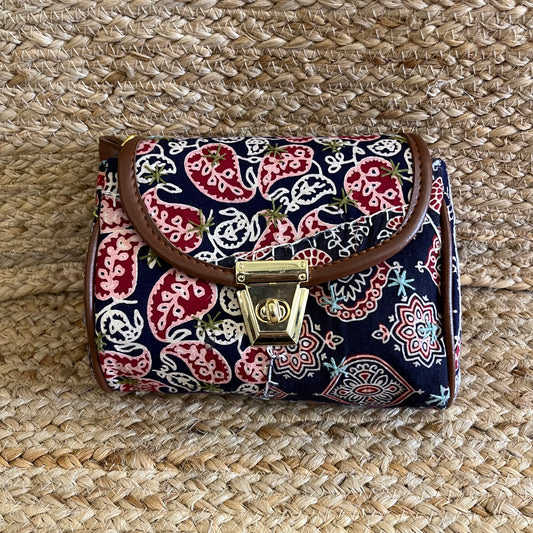 Blue Handblock Printed Vegan Leather Sling Bag