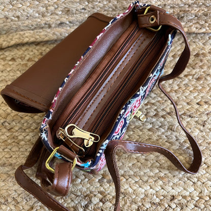 Blue Handblock Printed Vegan Leather Sling Bag