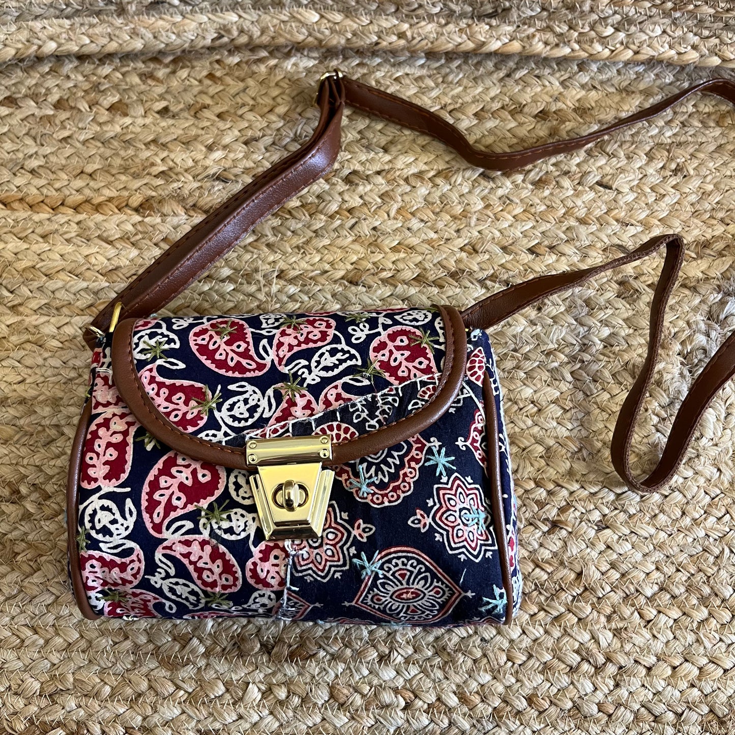 Blue Handblock Printed Vegan Leather Sling Bag
