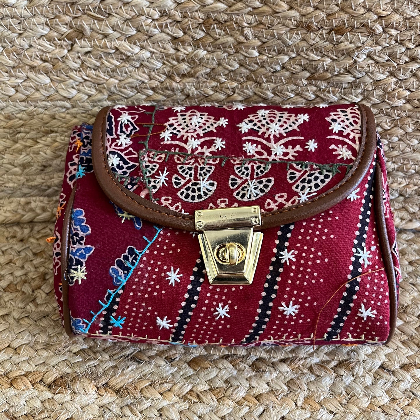 Red Handblock Printed Vegan Leather Sling Bag