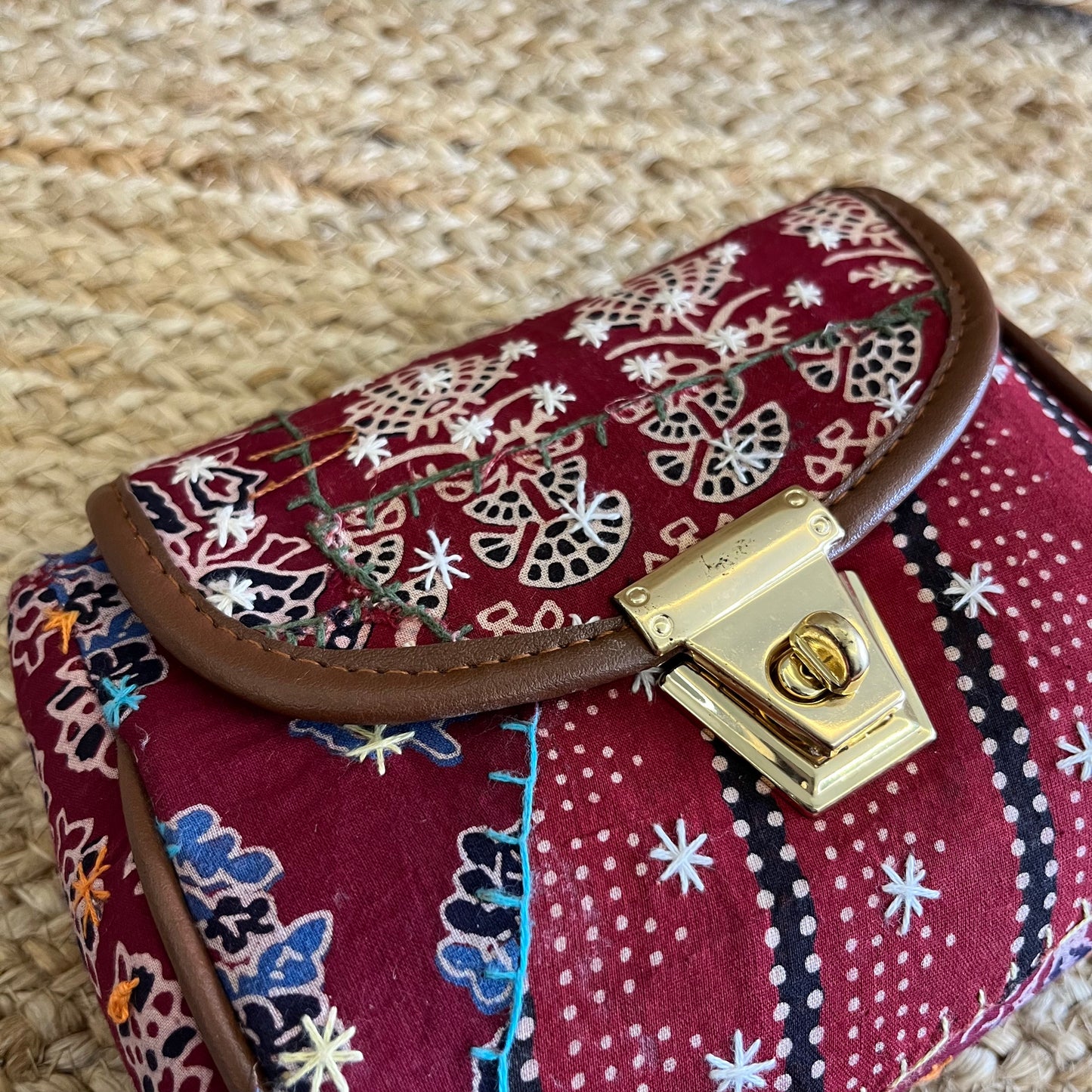 Red Handblock Printed Vegan Leather Sling Bag