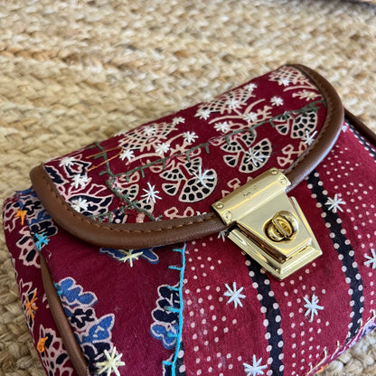 Red Handblock Printed Vegan Leather Sling Bag