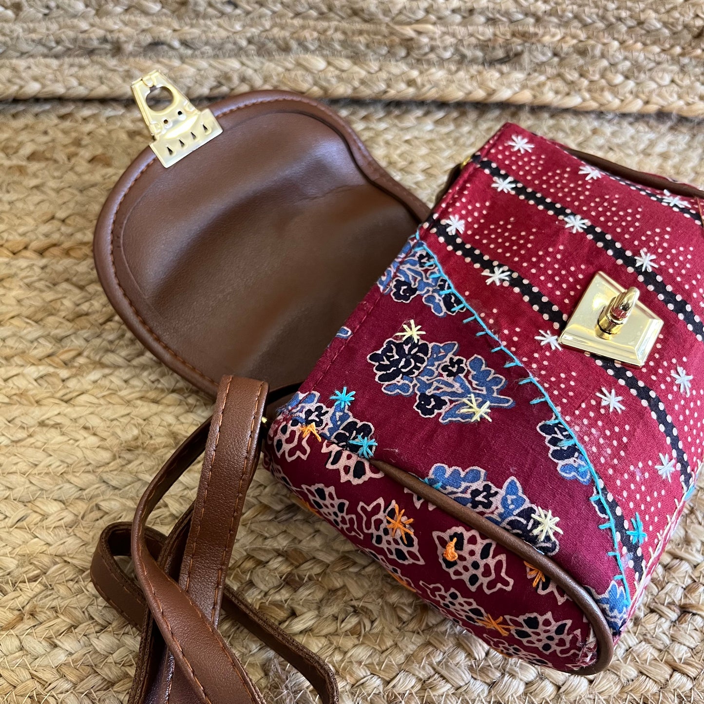 Red Handblock Printed Vegan Leather Sling Bag