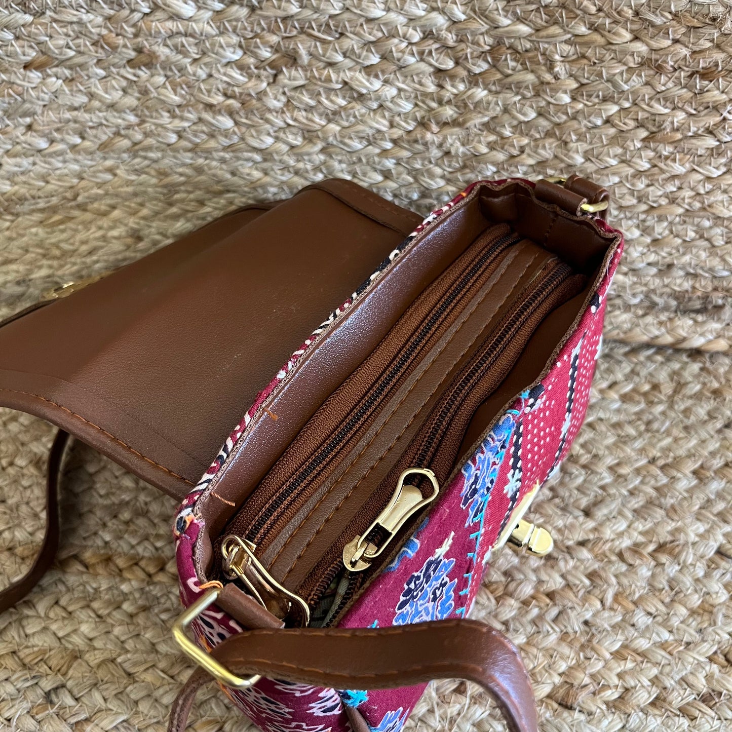 Red Handblock Printed Vegan Leather Sling Bag