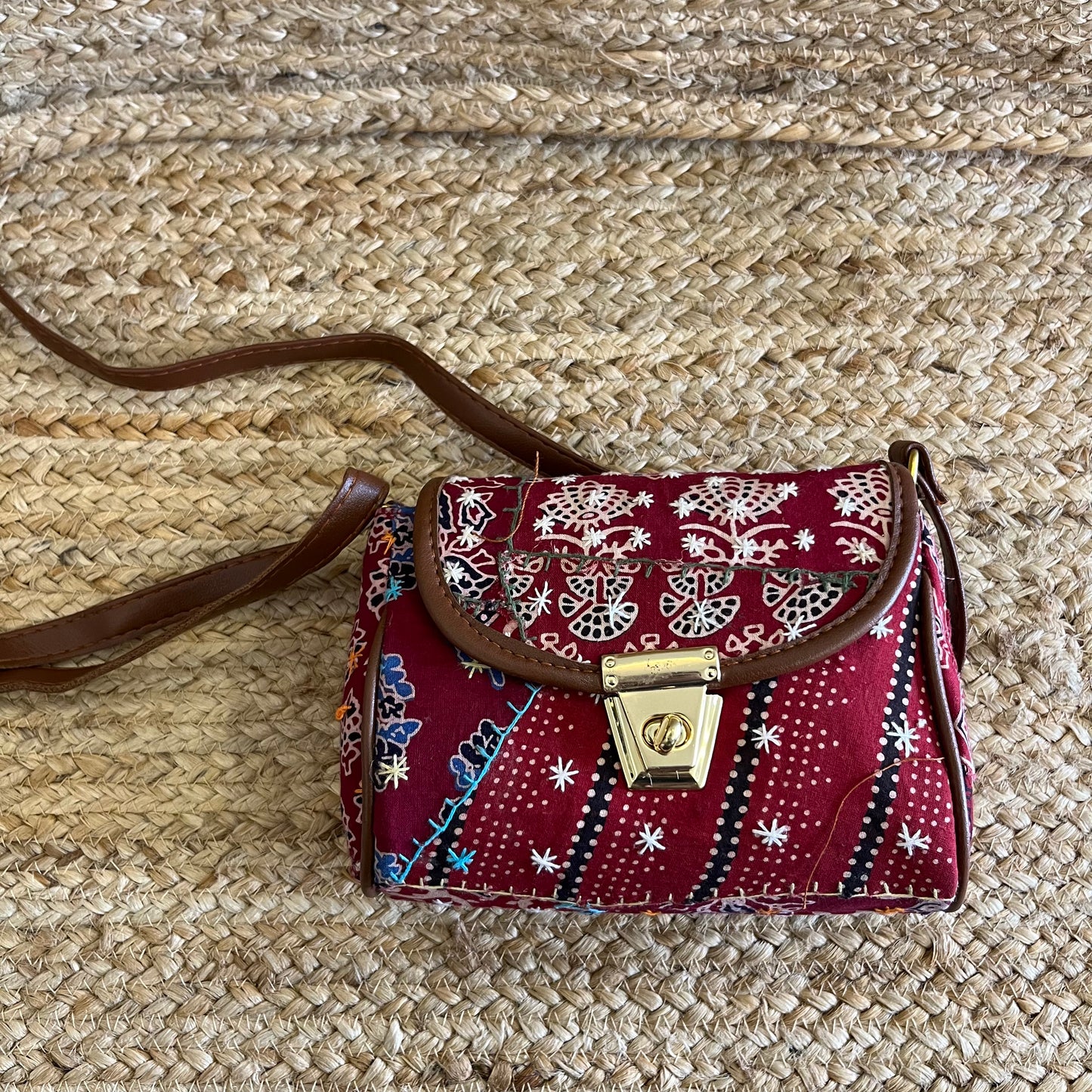 Red Handblock Printed Vegan Leather Sling Bag