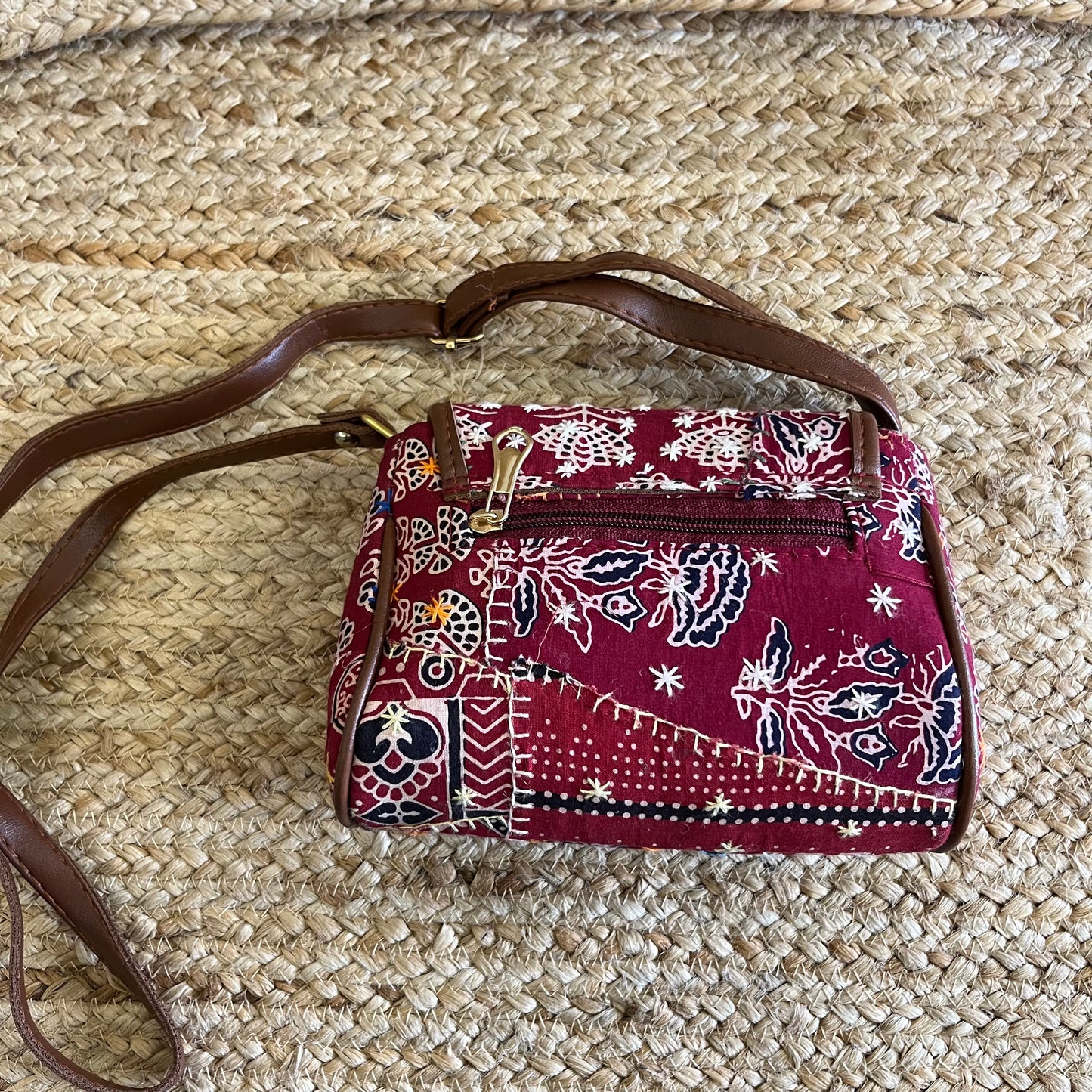 Red Handblock Printed Vegan Leather Sling Bag