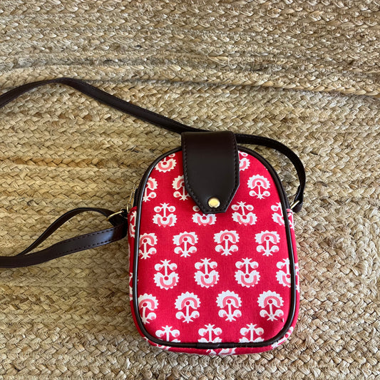 Red Handblock Printed Mobile Vegan Leather Sling Bag