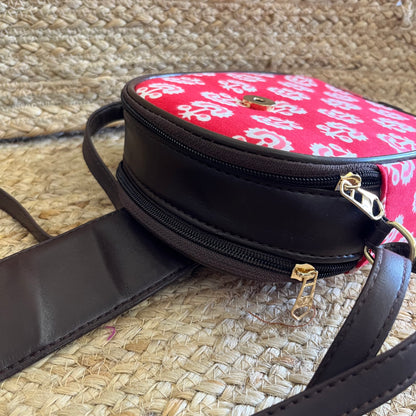 Red Handblock Printed Mobile Vegan Leather Sling Bag