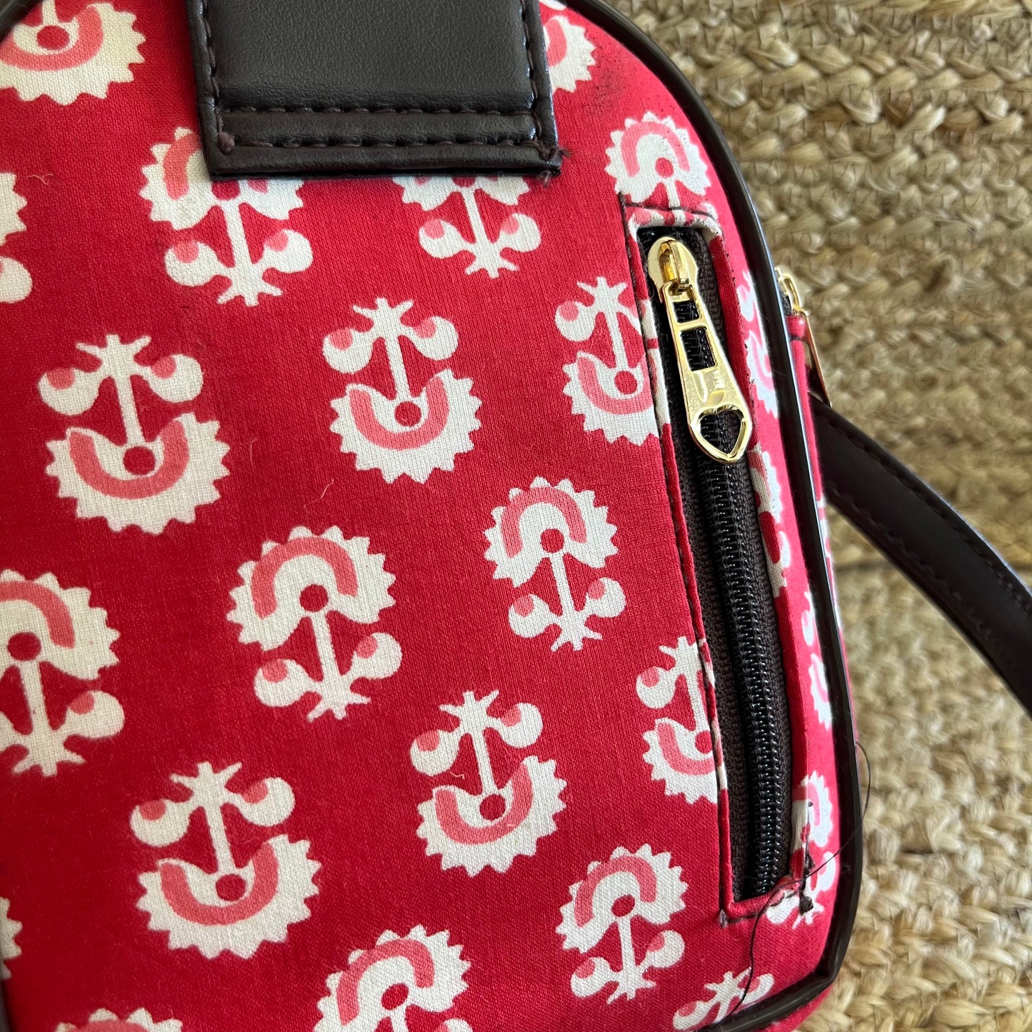 Red Handblock Printed Mobile Vegan Leather Sling Bag