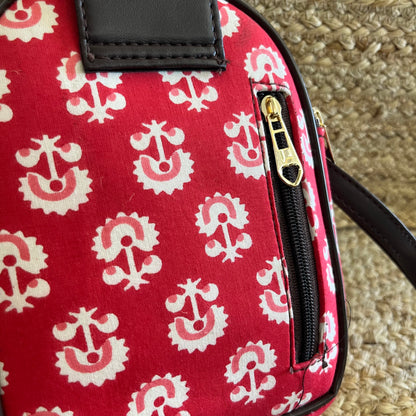 Red Handblock Printed Mobile Vegan Leather Sling Bag