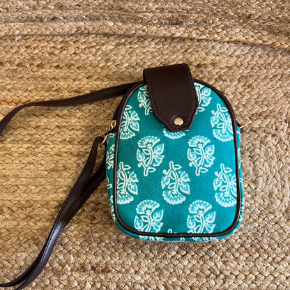 Green Handblock Printed Mobile Sling Bag