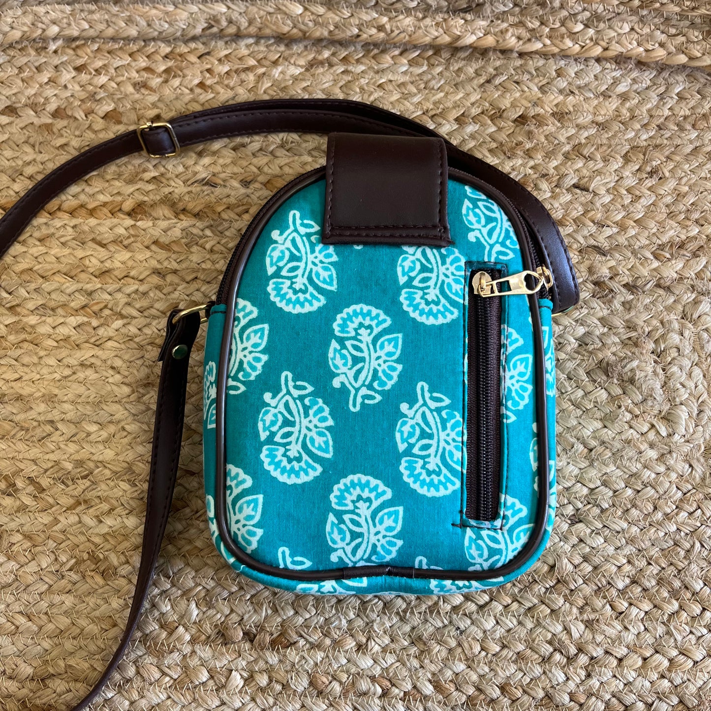 Green Handblock Printed Mobile Sling Bag