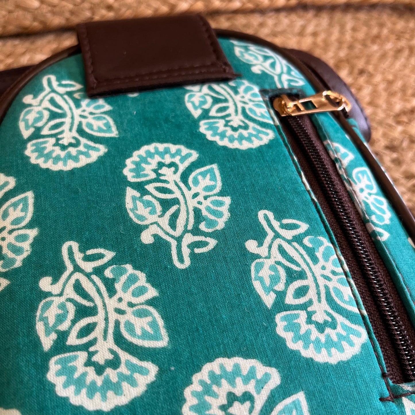 Green Handblock Printed Mobile Sling Bag