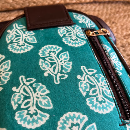 Green Handblock Printed Mobile Sling Bag