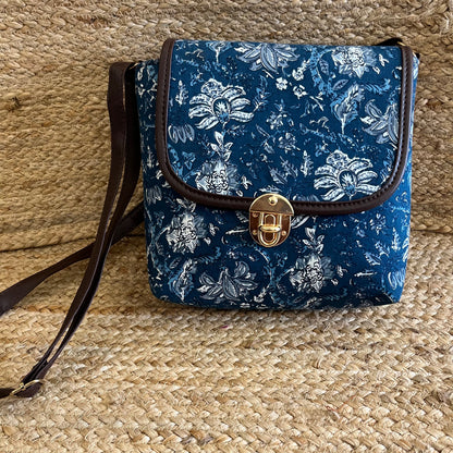 Blue Abstract Handblock Printed Vegan Leather Sling Bag