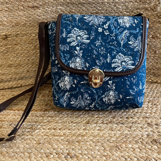 Blue Abstract Handblock Printed Vegan Leather Sling Bag