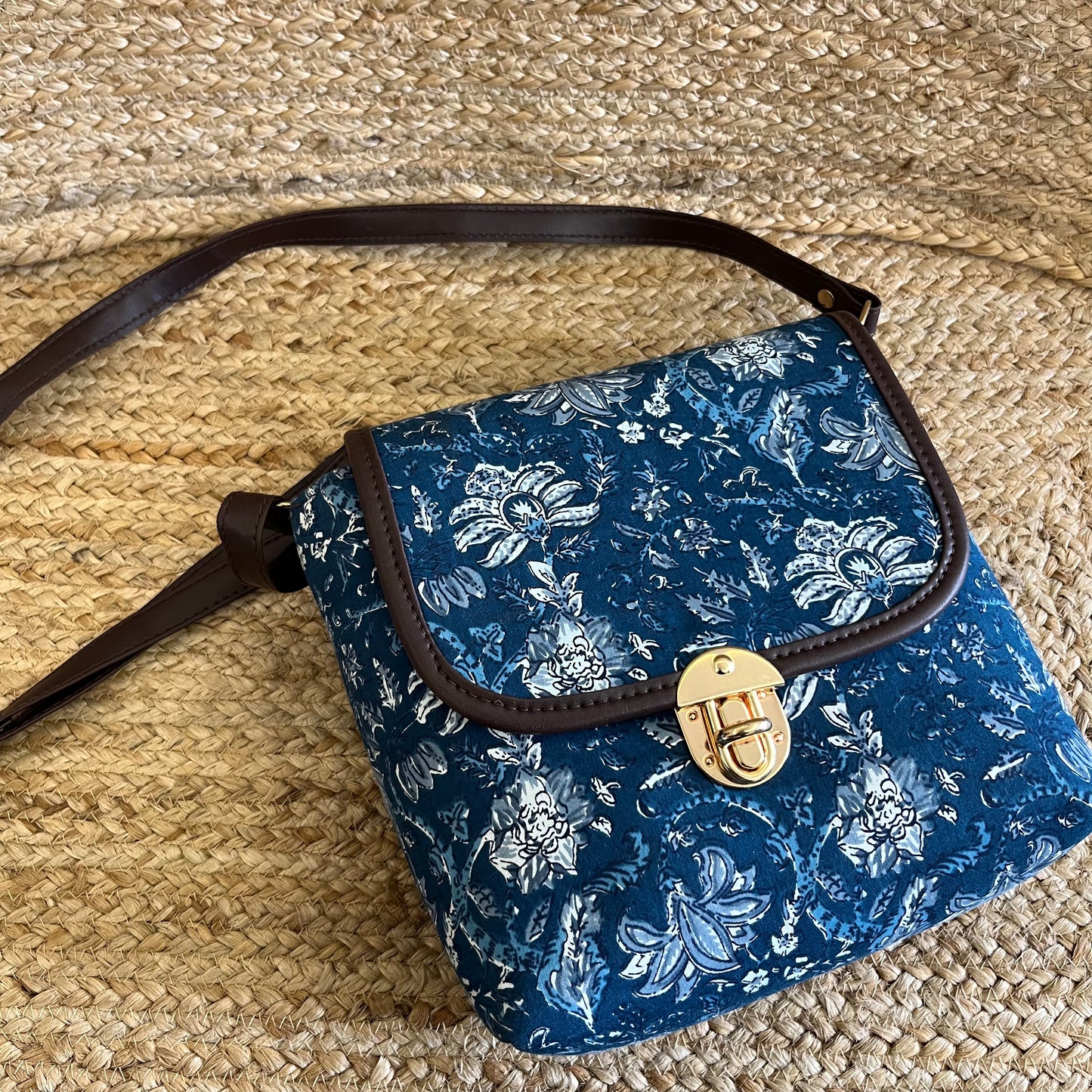 Blue Abstract Handblock Printed Vegan Leather Sling Bag