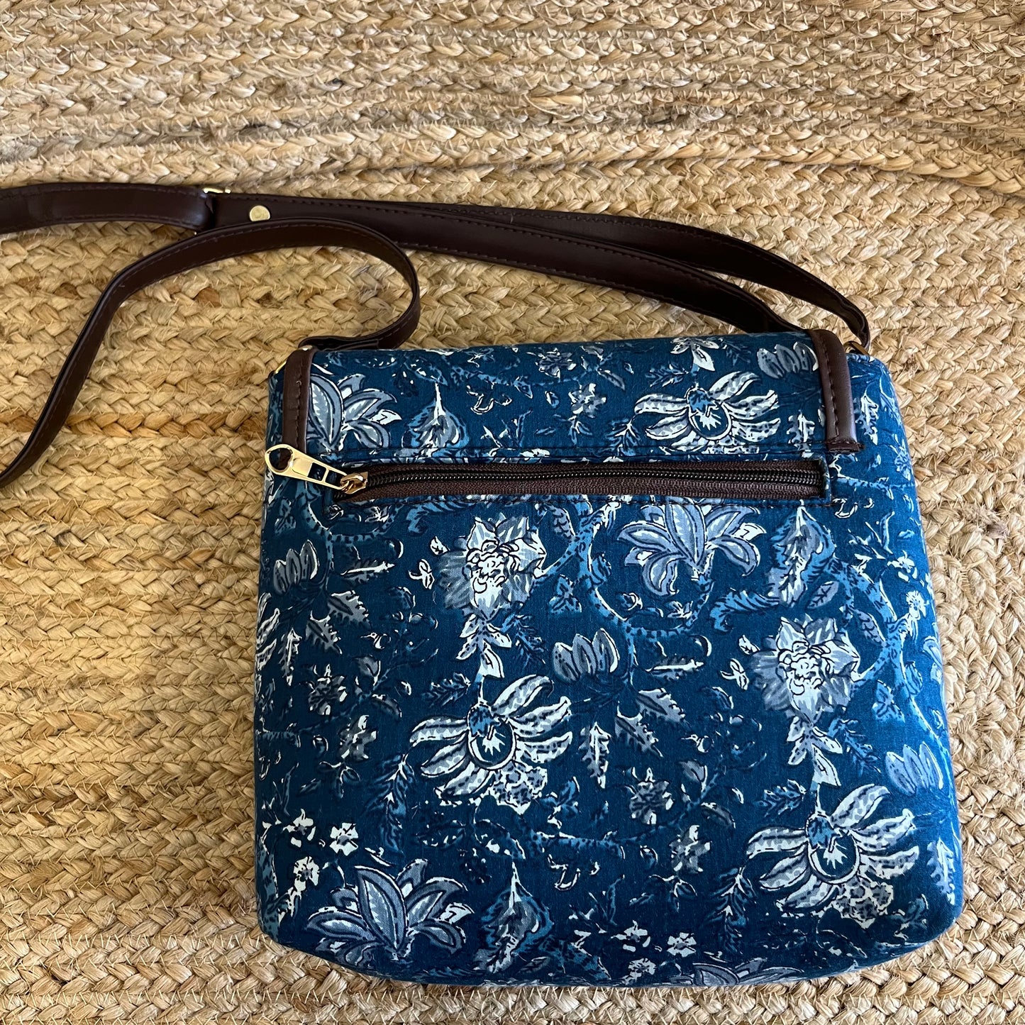 Blue Abstract Handblock Printed Vegan Leather Sling Bag