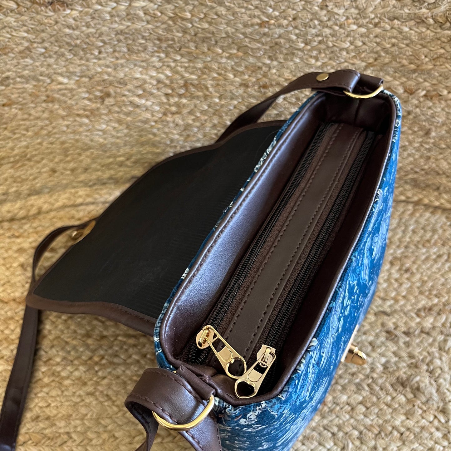 Blue Abstract Handblock Printed Vegan Leather Sling Bag
