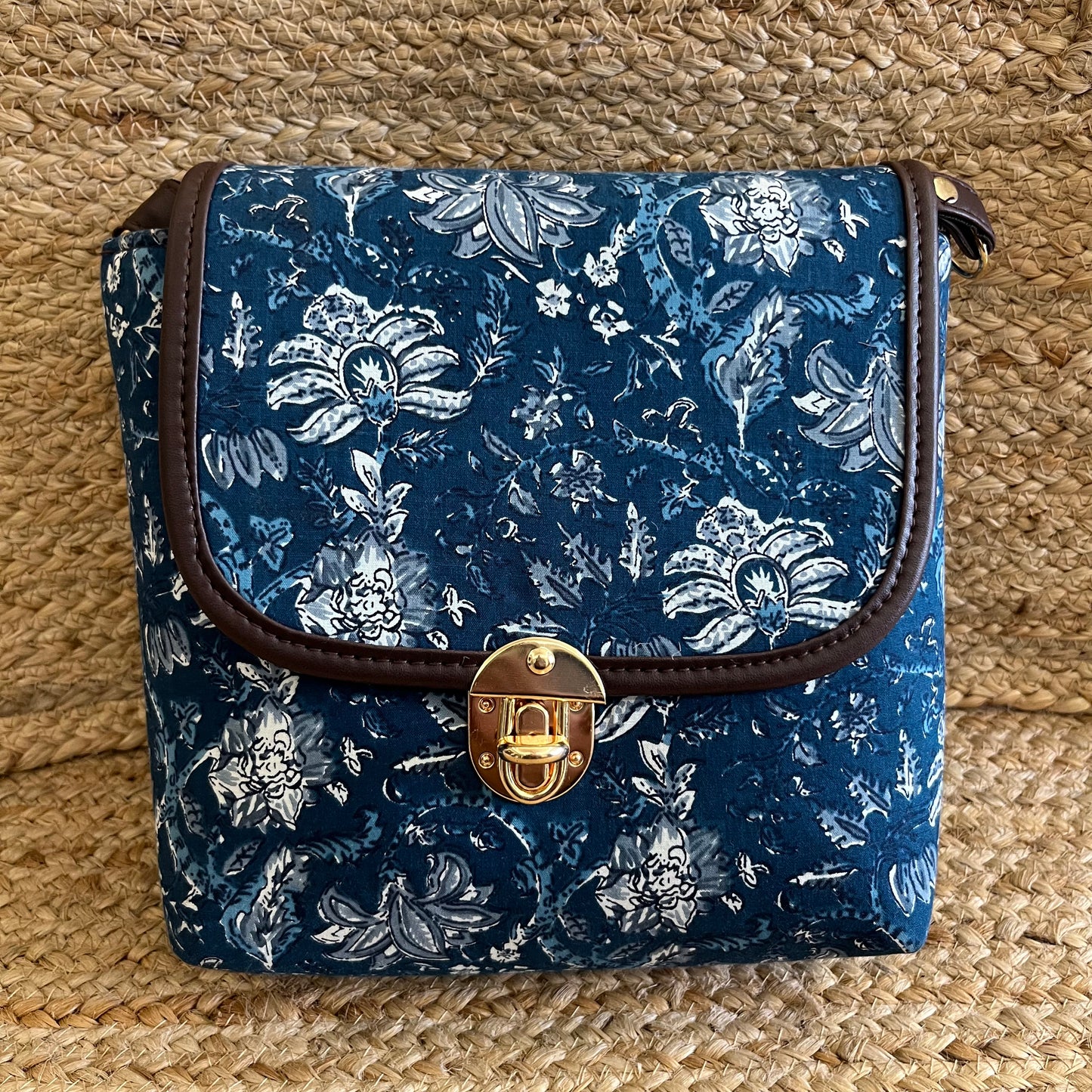 Blue Abstract Handblock Printed Vegan Leather Sling Bag