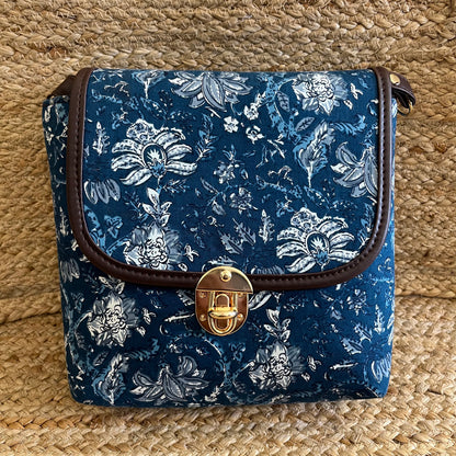 Blue Abstract Handblock Printed Vegan Leather Sling Bag