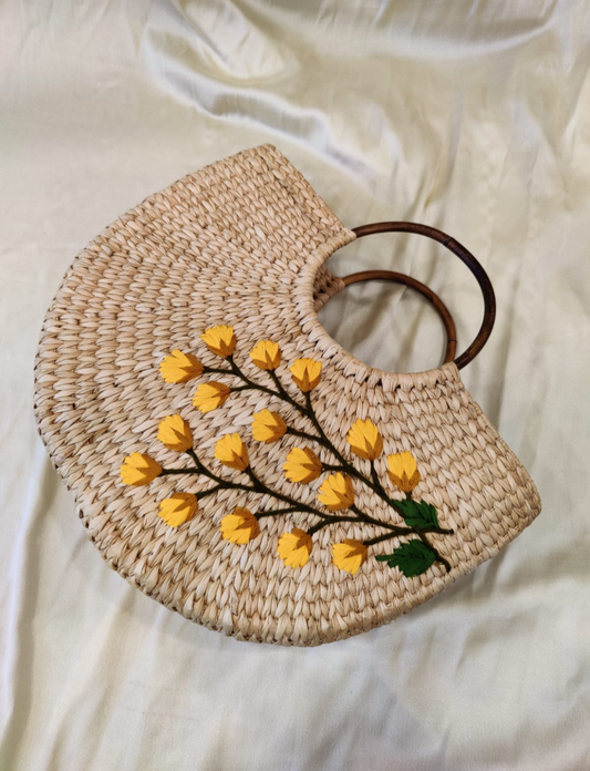 KAUNNA KNITTED  EMBROIDERY YELLOW FLORAL  HANDBAG