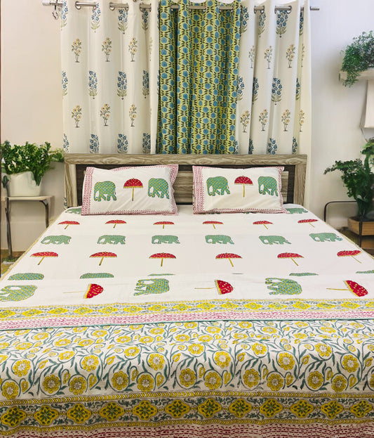 Handblock Elephant Printed Premium Double Bedsheet (Green)