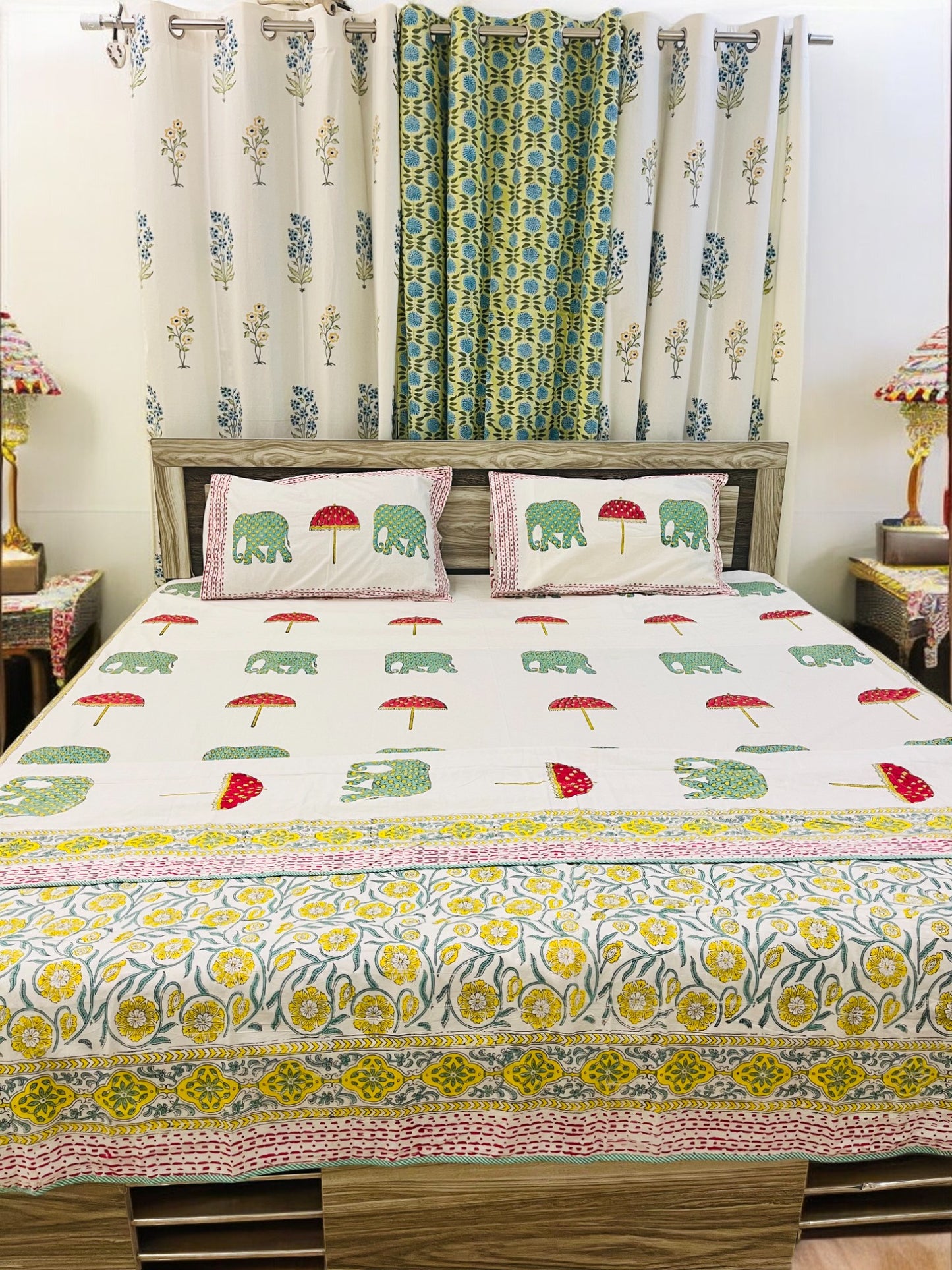 Handblock Elephant Printed Premium Double Bedsheet (Green)
