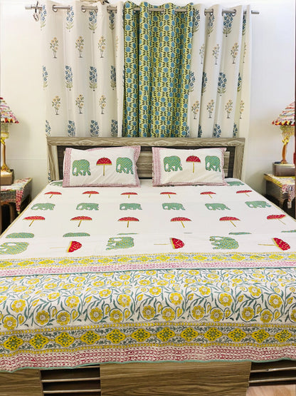 Handblock Elephant Printed Premium Double Bedsheet (Green)
