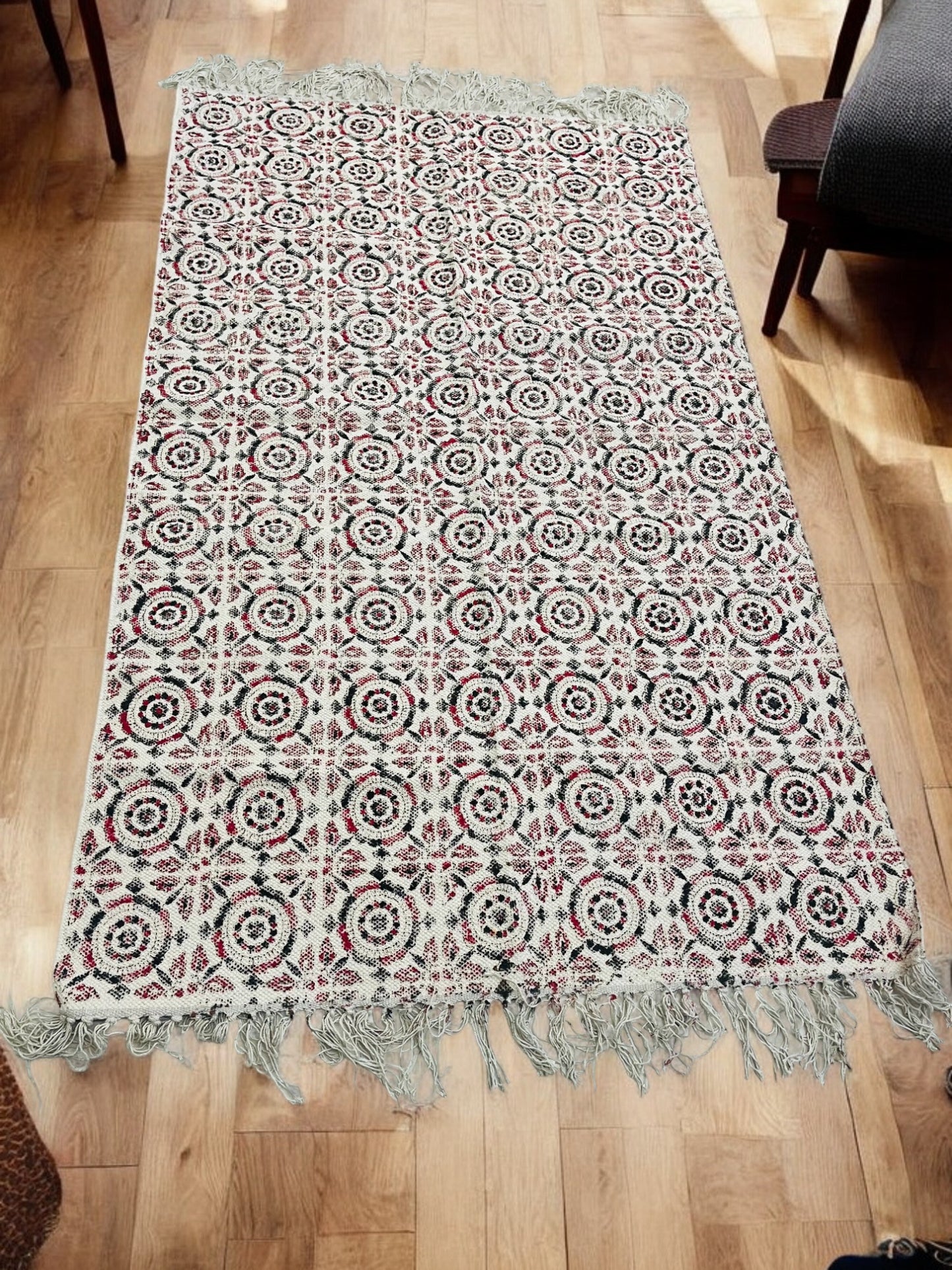 Cream Colour Handblock Print Cotton Rug