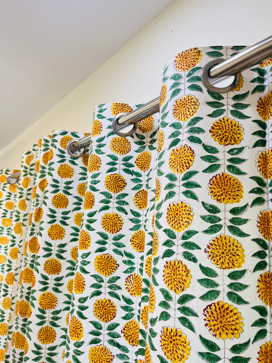 Handblock Yellow Floral Curtain Set of 2