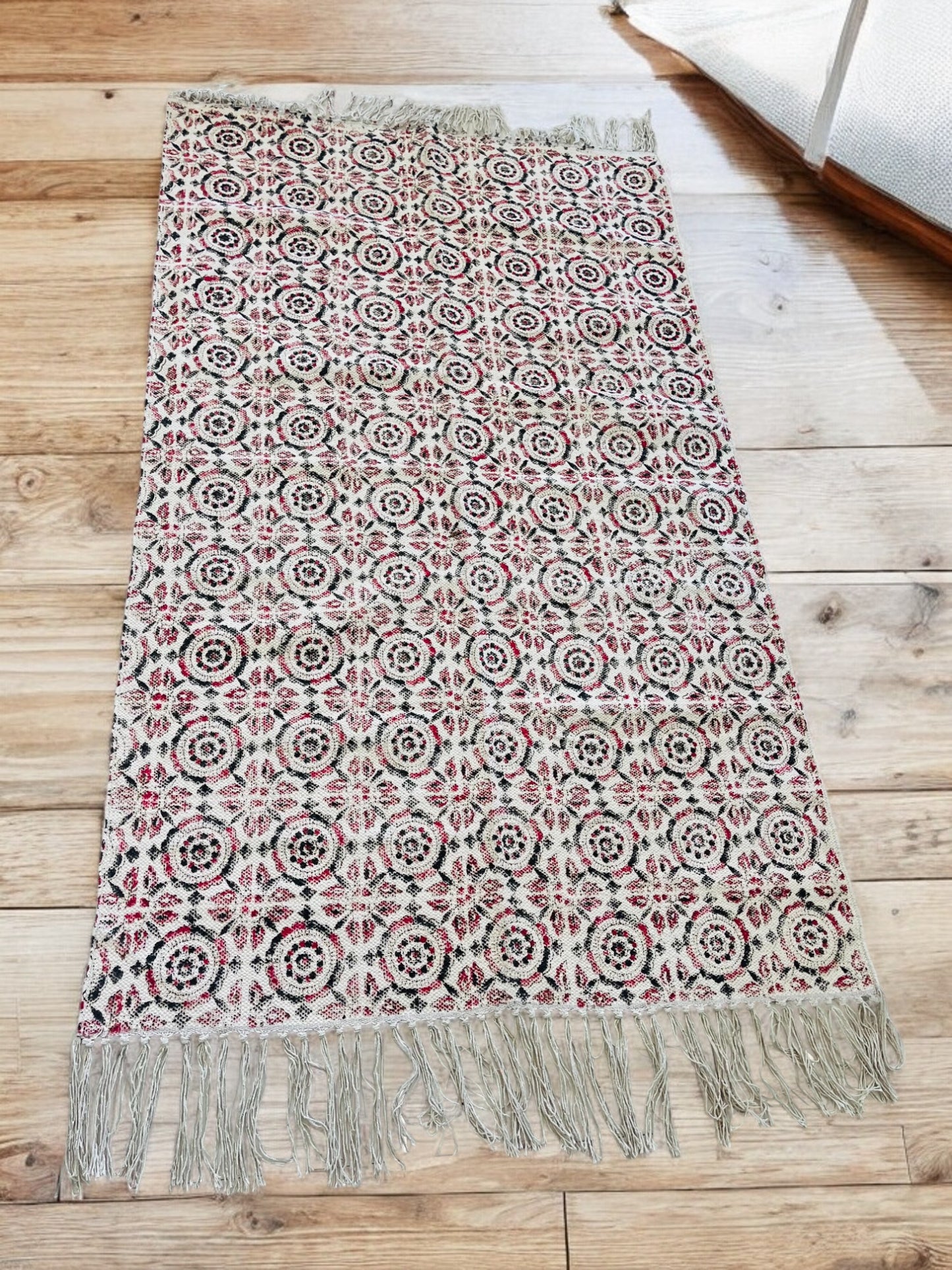 Cream Colour Handblock Print Cotton Rug