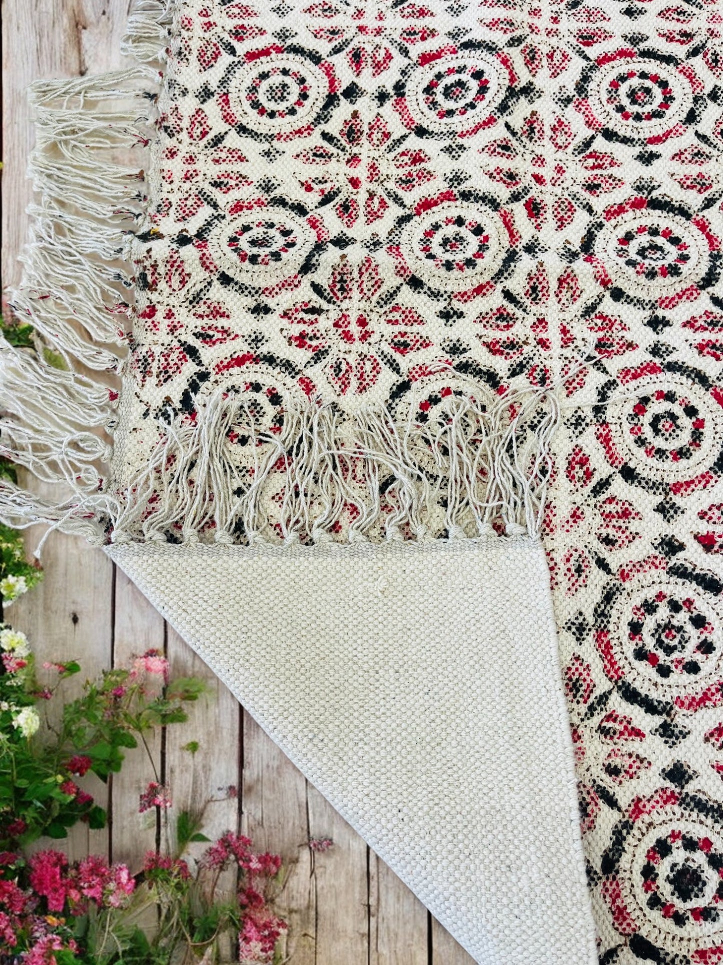 Cream Colour Handblock Print Cotton Rug