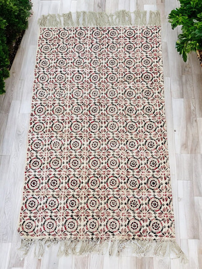 Cream Colour Handblock Print Cotton Rug