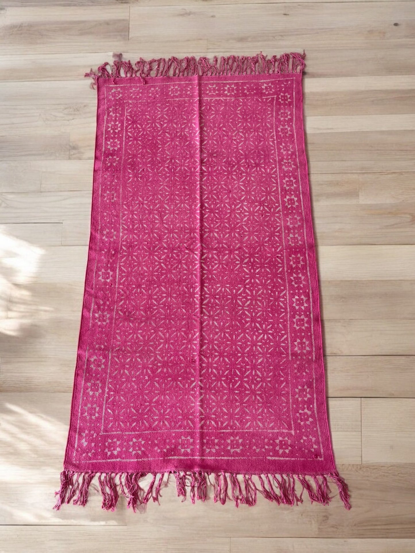 Pink Handblock Print Cotton Rug