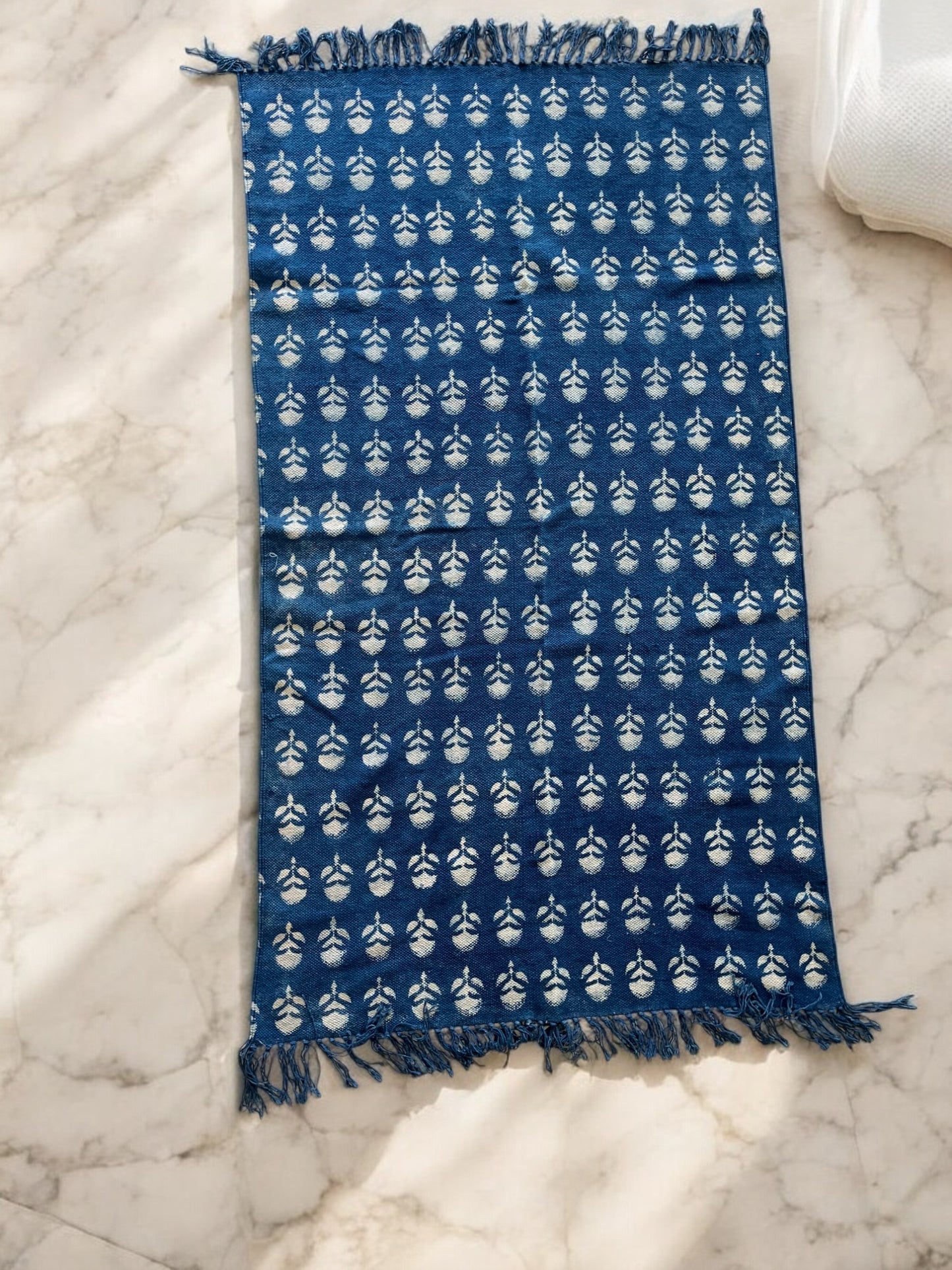 Blue Floral Handblock Print Cotton Rug
