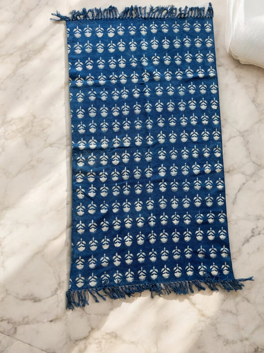 Blue Floral Handblock Print Cotton Rug