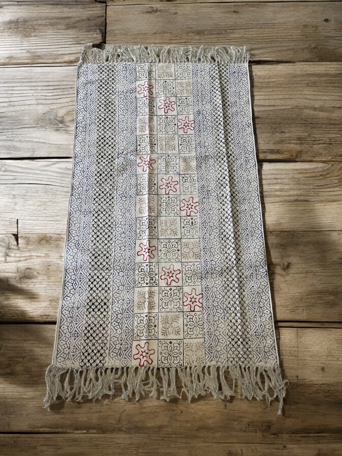Beige Cotton Rug With Multicolor Handblock Print