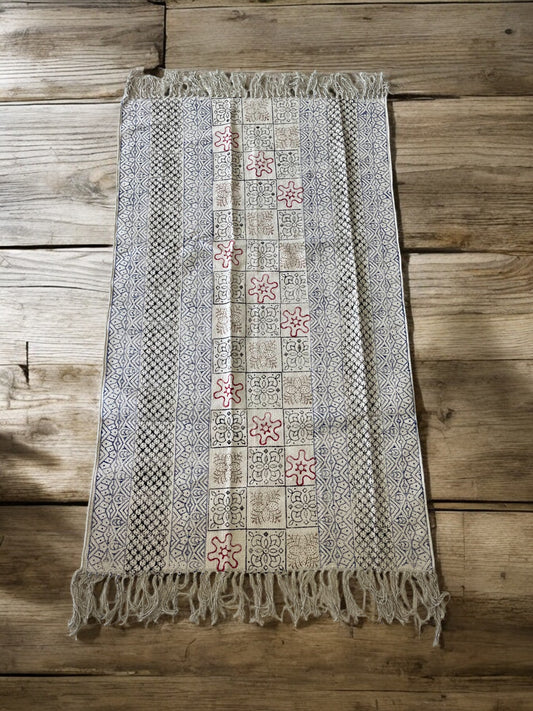 Beige Cotton Rug With Multicolor Handblock Print