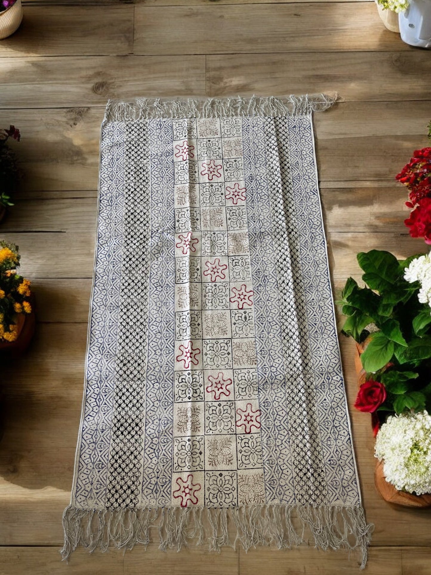 Beige Cotton Rug With Multicolor Handblock Print