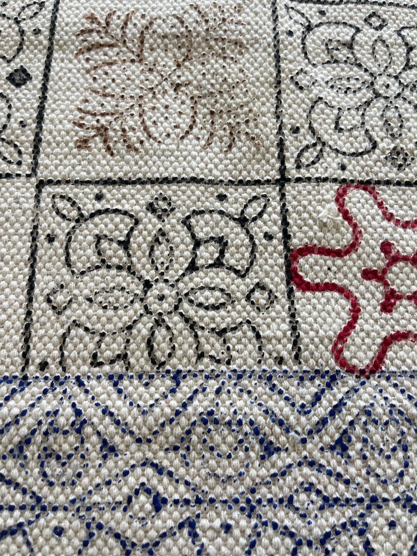 Beige Cotton Rug With Multicolor Handblock Print