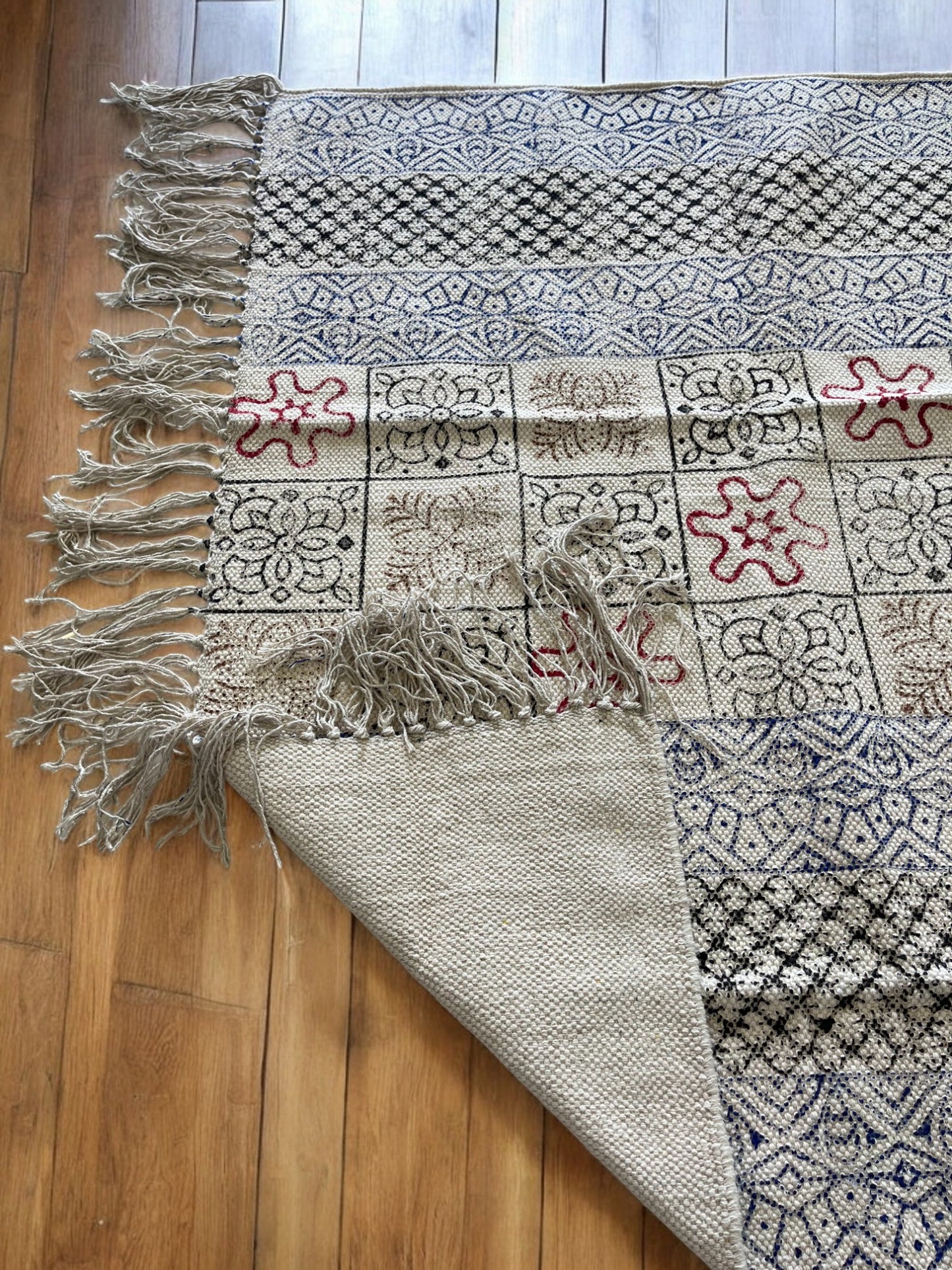 Beige Cotton Rug With Multicolor Handblock Print