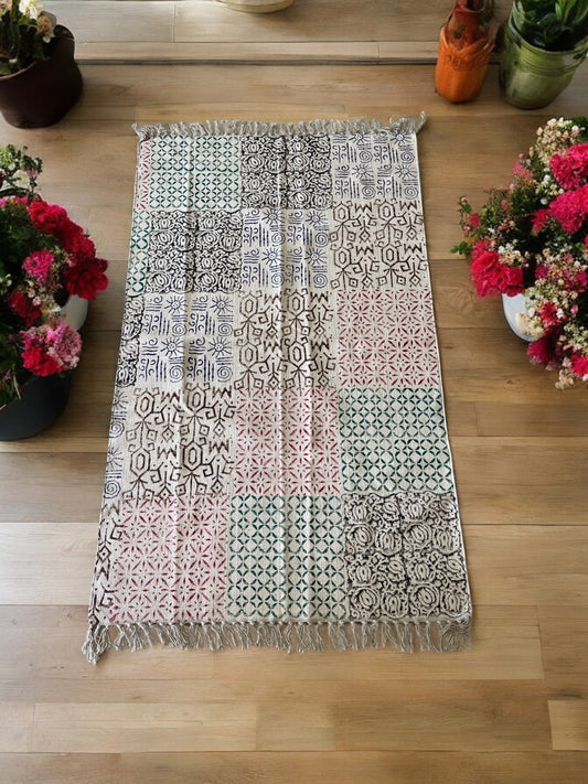 Handblock Print Cotton Rug Multicolour