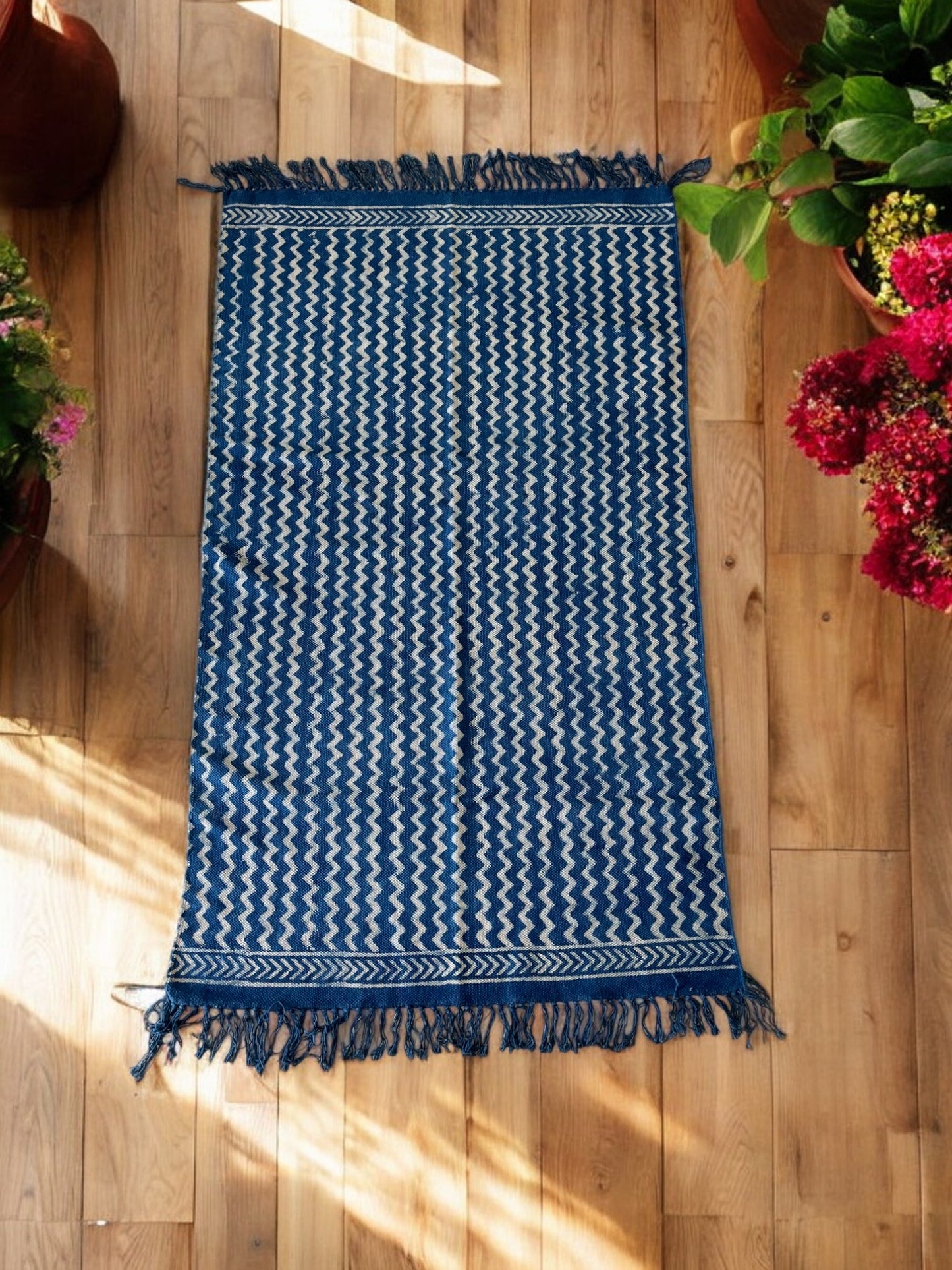 Blue Zigzag Handblock Print Cotton Rug