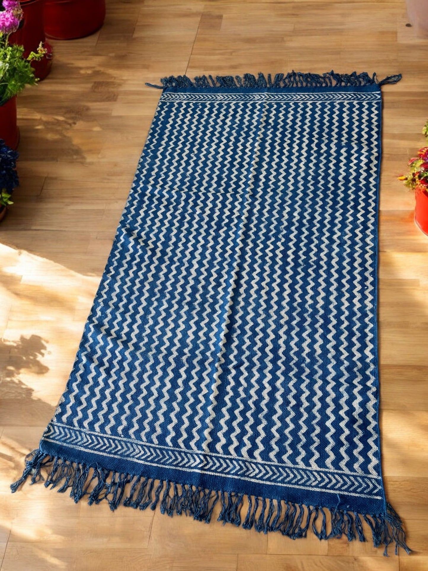 Blue Zigzag Handblock Print Cotton Rug