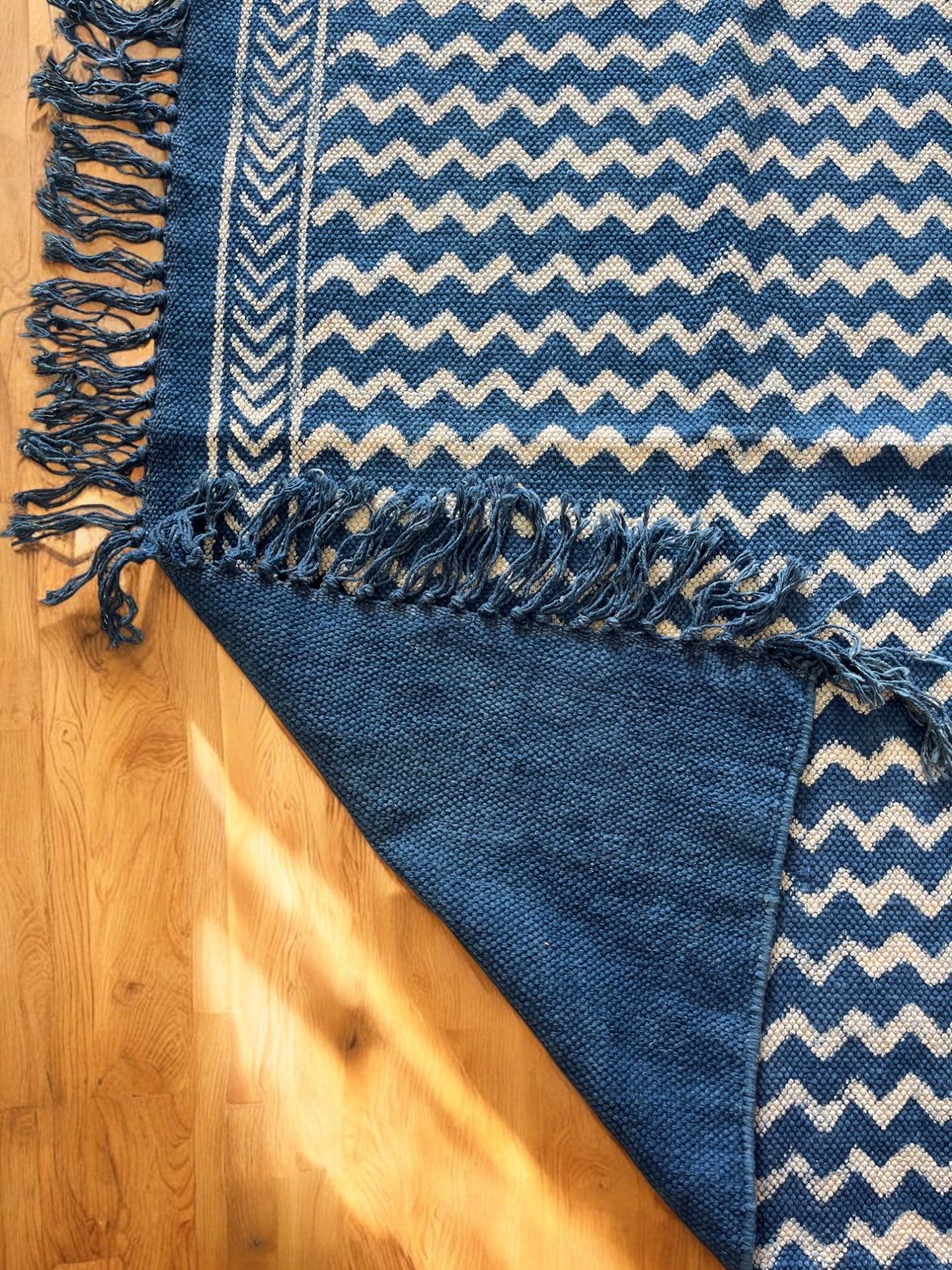 Blue Zigzag Handblock Print Cotton Rug