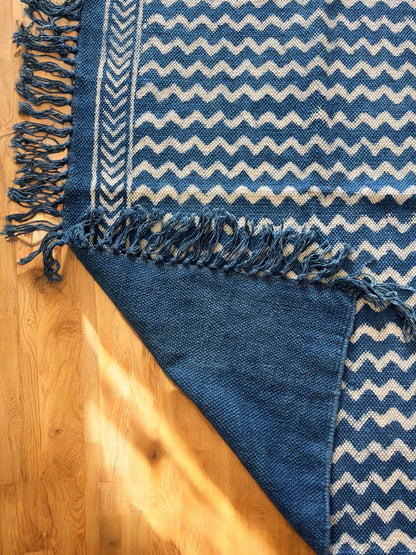 Blue Zigzag Handblock Print Cotton Rug