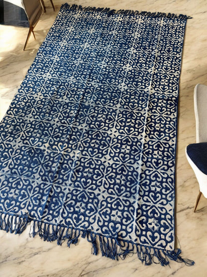 Abstract Pattern Handblock Print Blue Cotton Rug