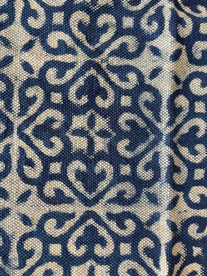 Abstract Pattern Handblock Print Blue Cotton Rug